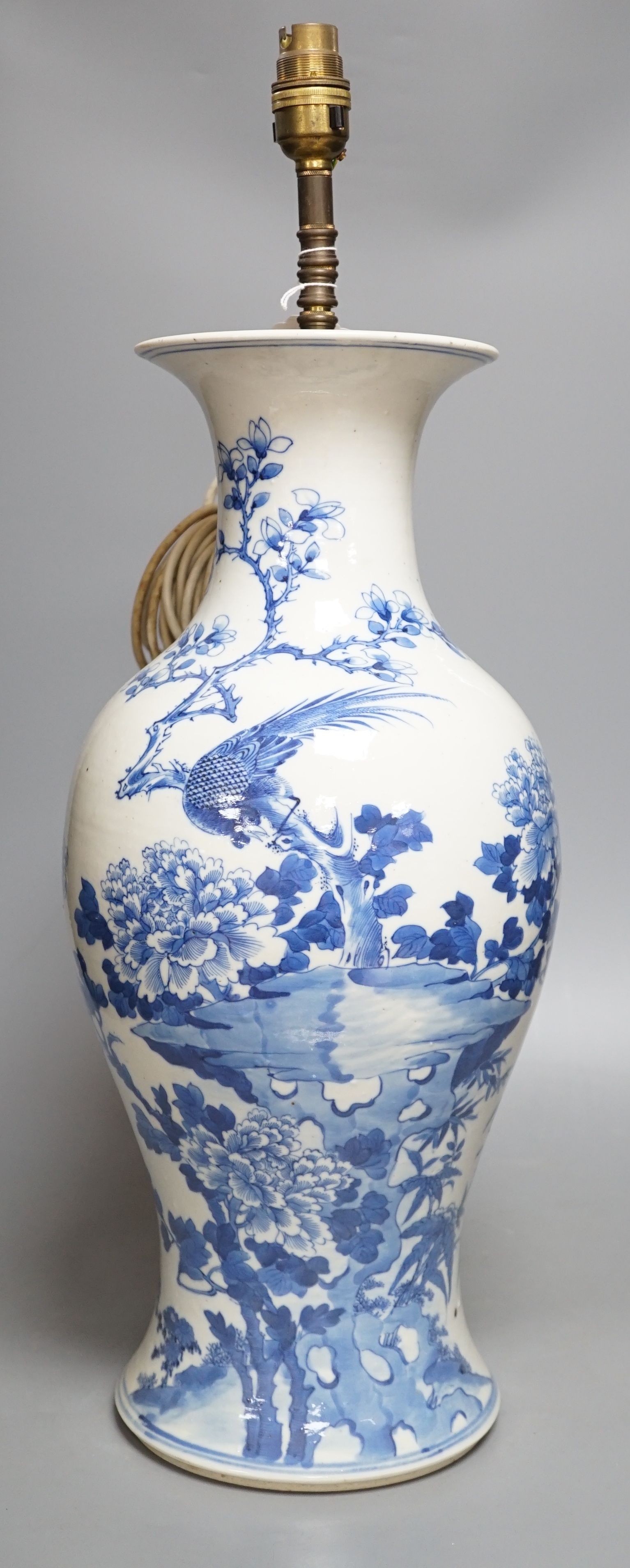 A 19th century Chinese blue and white ‘pheasant and rockwork’ baluster vase, converted to a lamp, total height 58cm